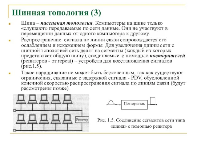 Шинная топология (3) Шина – пассивная топология. Компьютеры на шине