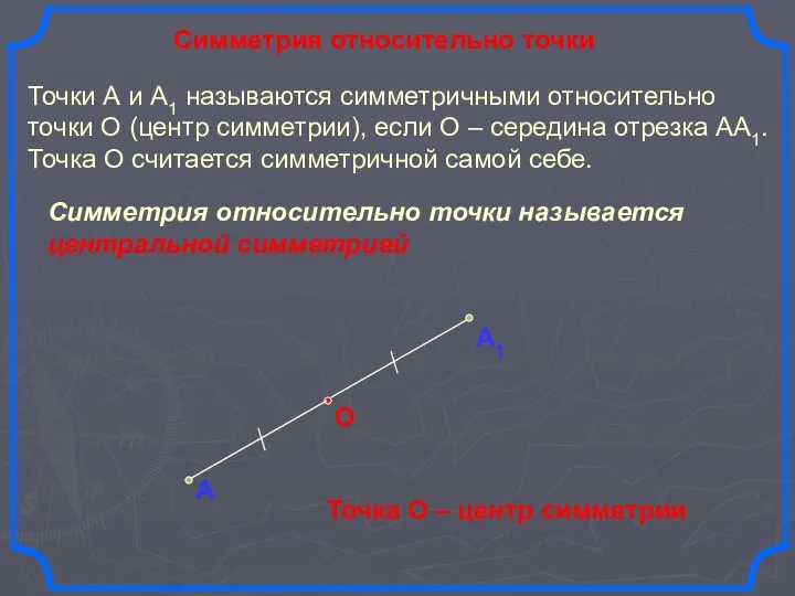 Симметрия относительно точки А О Точки А и А1 называются