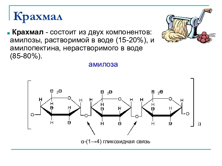 Крахмал α-(1→4) гликозидная связь Крахмал - состоит из двух компонентов: