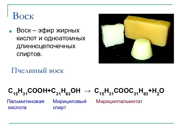 Пчелиный воск C15H31COOH+C31H63OH → C15H31COOC31H63+H2O Пальмитиновая кислота Мирициловый спирт Мирицилпальмитат