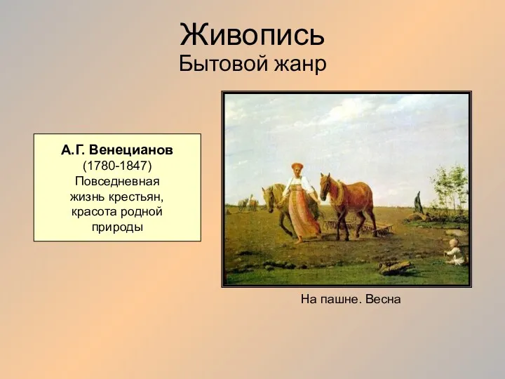 Живопись Бытовой жанр А.Г. Венецианов (1780-1847) Повседневная жизнь крестьян, красота родной природы На пашне. Весна