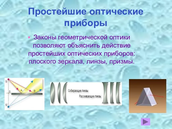 Простейшие оптические приборы Законы геометрической оптики позволяют объяснить действие простейших оптических приборов: плоского зеркала, линзы, призмы.