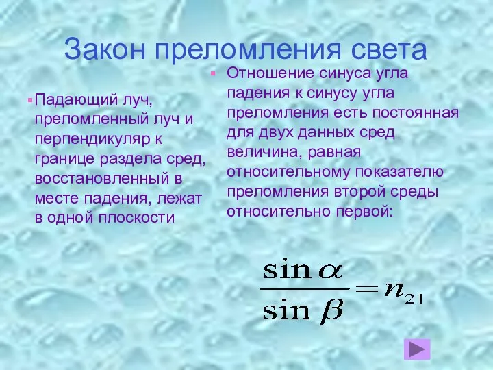 Закон преломления света Падающий луч, преломленный луч и перпендикуляр к