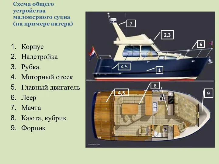 Схема общего устройства маломерного судна (на примере катера) Корпус Надстройка Рубка Моторный отсек