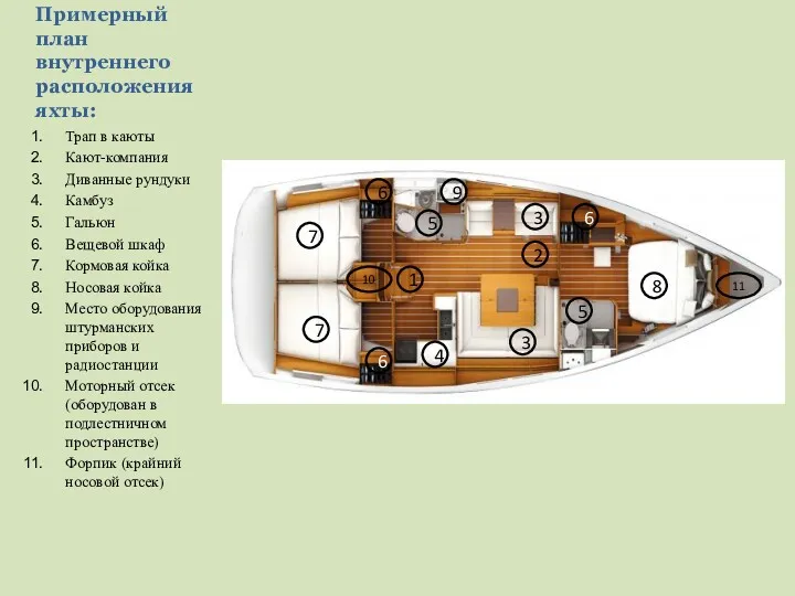 Примерный план внутреннего расположения яхты: Трап в каюты Кают-компания Диванные рундуки Камбуз Гальюн