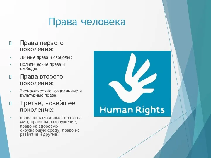 Права человека Права первого поколения: Личные права и свободы; Политические