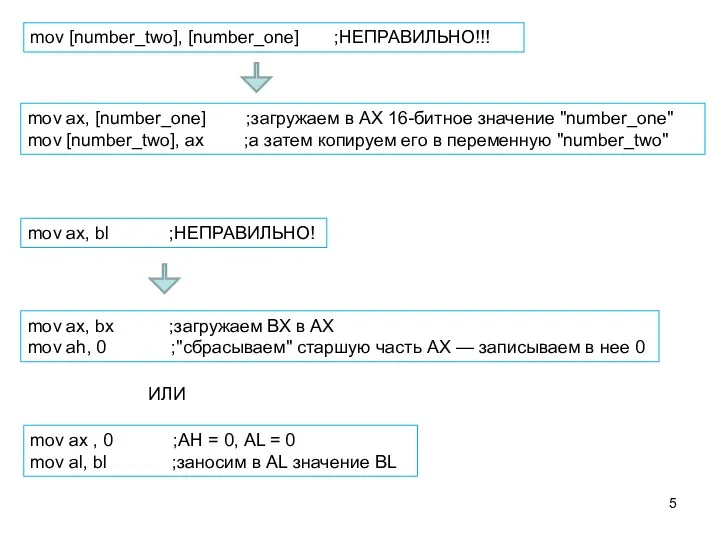 mov [number_two], [number_one] ;НЕПРАВИЛЬНО!!! mov ax, [number_one] ;загружаем в АХ