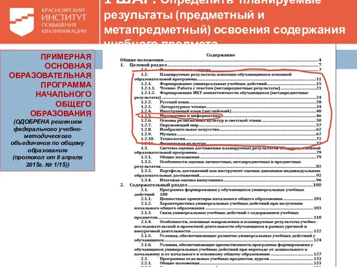 1 ШАГ. Определить планируемые результаты (предметный и метапредметный) освоения содержания