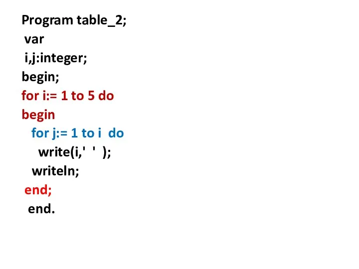 Program table_2; var i,j:integer; begin; for i:= 1 to 5