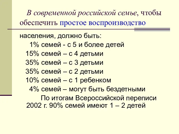 В современной российской семье, чтобы обеспечить простое воспроизводство населения, должно быть: 1% семей