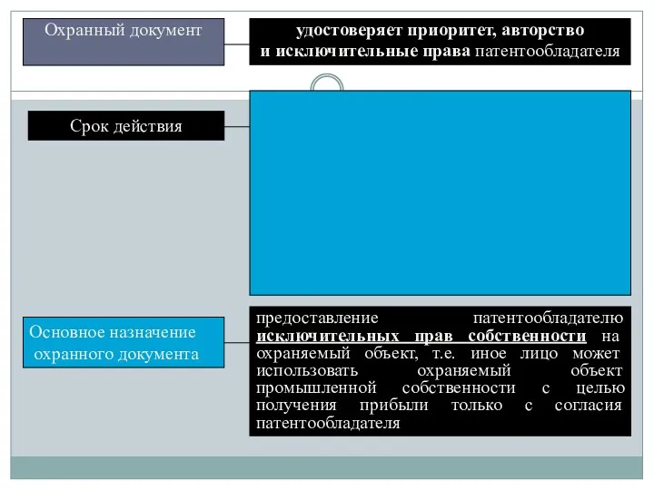 Охранный документ удостоверяет приоритет, авторство и исключительные права патентообладателя Срок