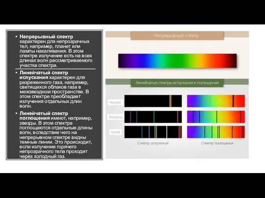 Непрерывный спектр характерен для непрозрачных тел, например, планет или лампы