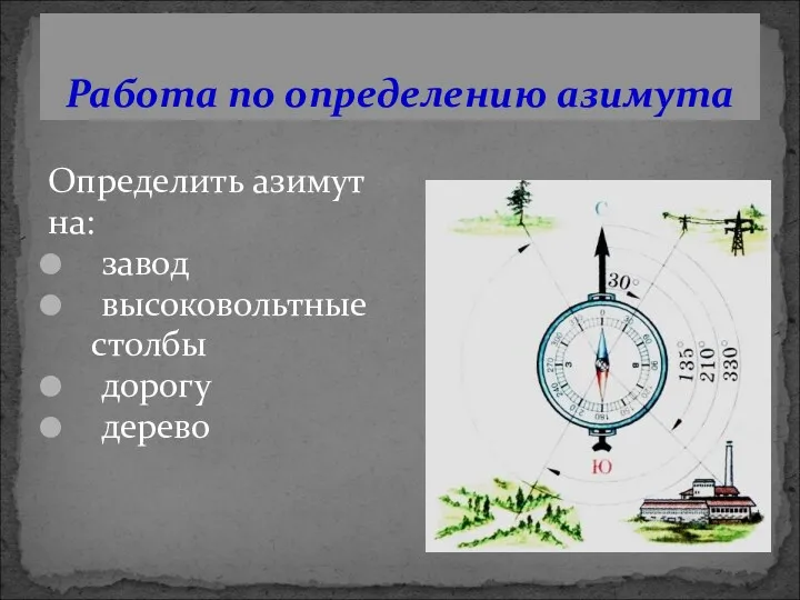 Работа по определению азимута Определить азимут на: завод высоковольтные столбы дорогу дерево