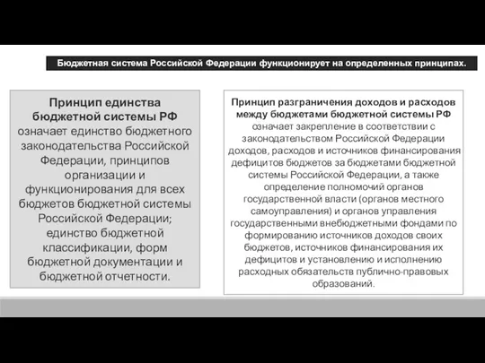 Бюджетная система Российской Федерации функционирует на определенных принципах. Принцип единства бюджетной системы РФ