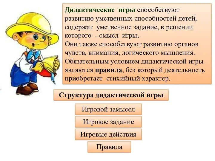 Дидактические игры способствуют развитию умственных способностей детей, содержат умственное задание, в решении которого