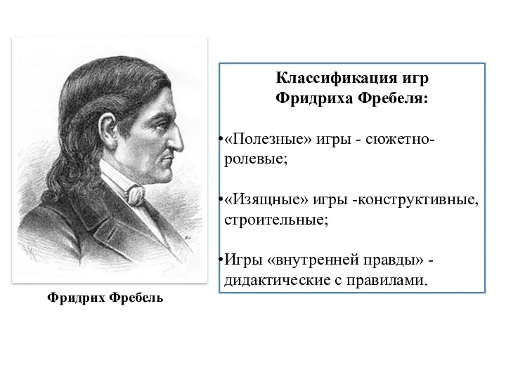 Классификация игр Фридриха Фребеля: «Полезные» игры - сюжетно-ролевые; «Изящные» игры -конструктивные, строительные; Игры