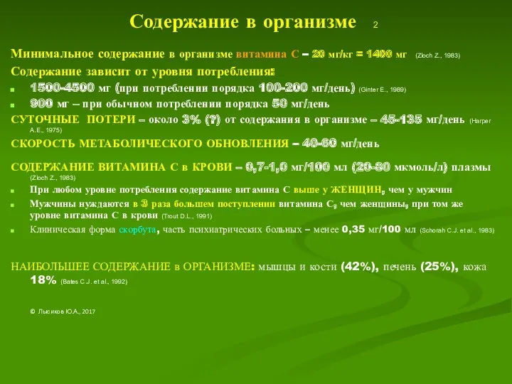 Содержание в организме 2 Минимальное содержание в организме витамина С