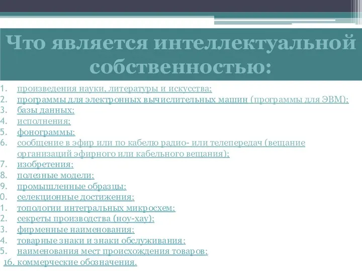 Что является интеллектуальной собственностью: произведения науки, литературы и искусства; программы