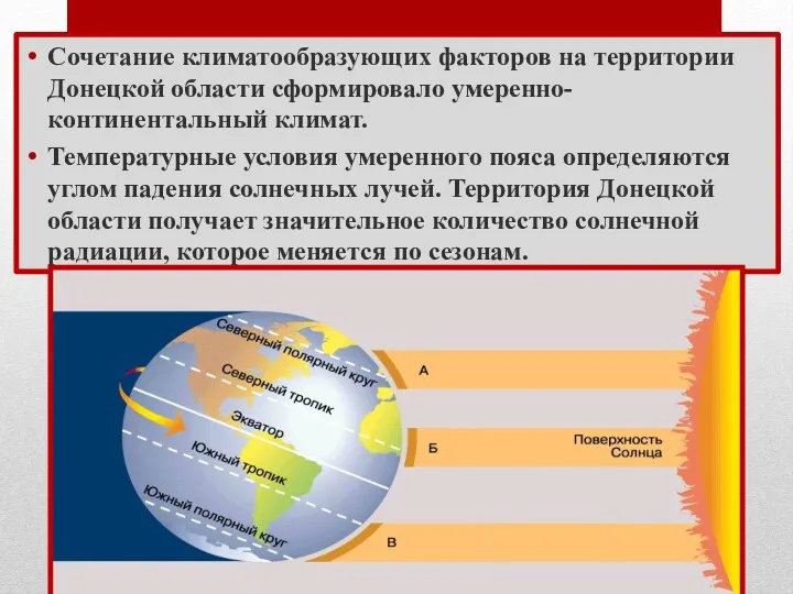Сочетание климатообразующих факторов на территории Донецкой области сформировало умеренно-континентальный климат.