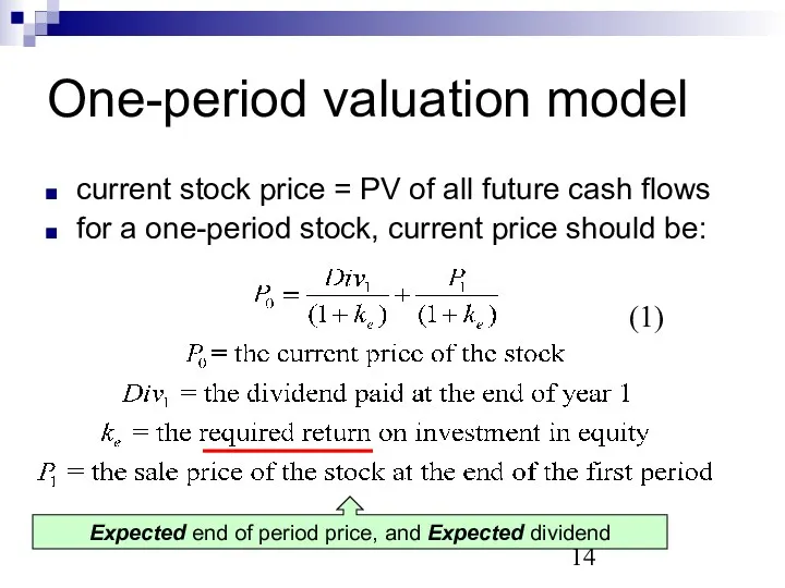 One-period valuation model current stock price = PV of all