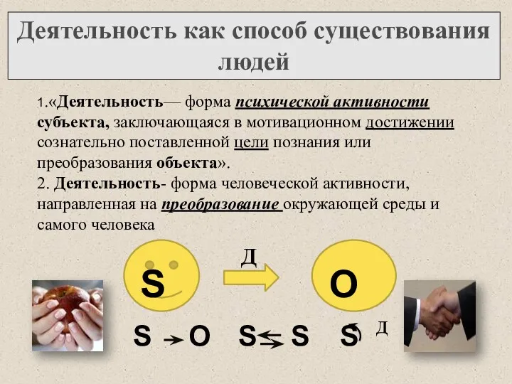 Деятельность как способ существования людей 1.«Деятельность— форма психической активности субъекта,