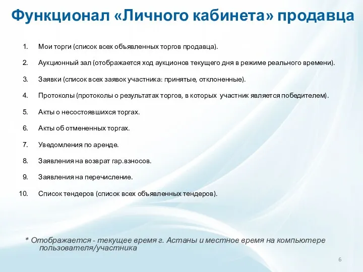 Функционал «Личного кабинета» продавца Мои торги (список всех объявленных торгов