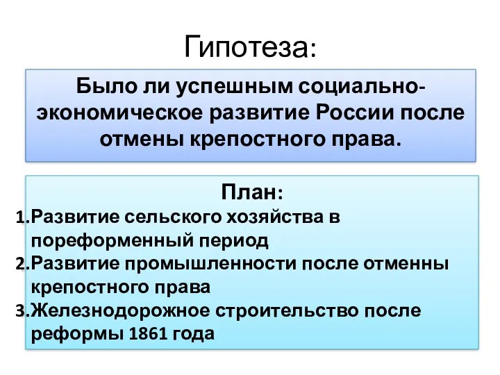 Гипотеза: Было ли успешным социально-экономическое развитие России после отмены крепостного