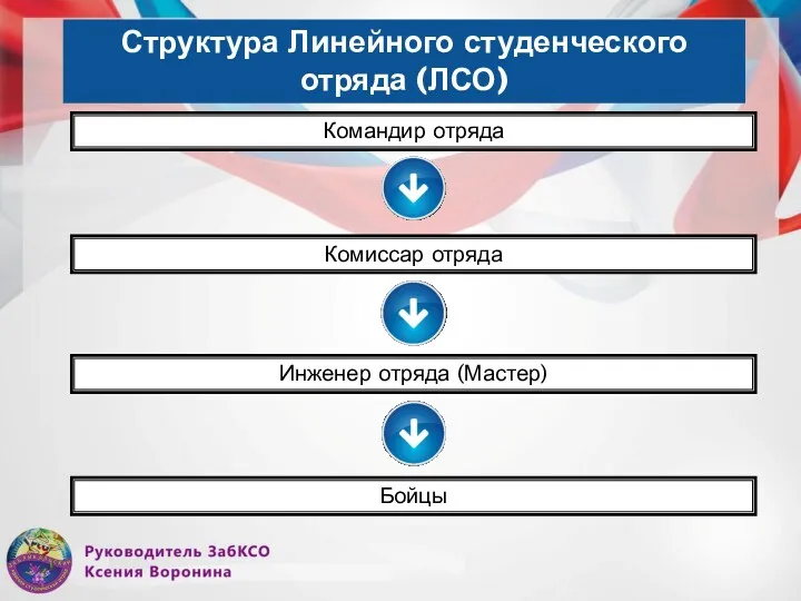 Структура Линейного студенческого отряда (ЛСО) Командир отряда Комиссар отряда Инженер отряда (Мастер) Бойцы