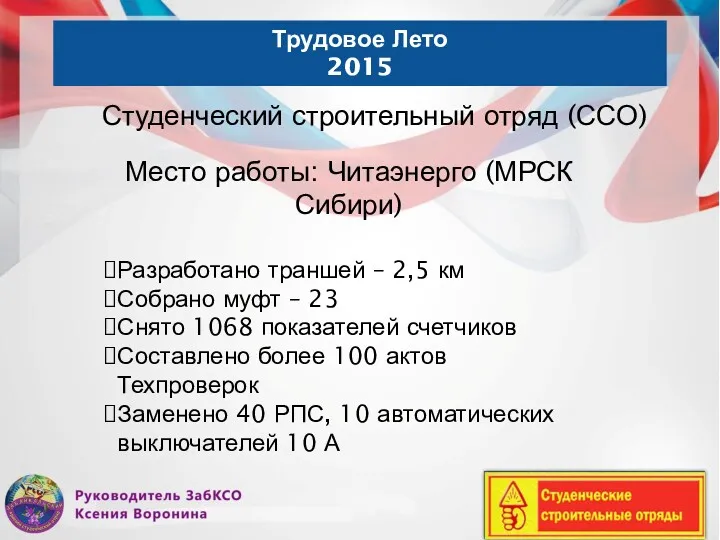 Трудовое Лето 2015 Студенческий строительный отряд (ССО) Место работы: Читаэнерго