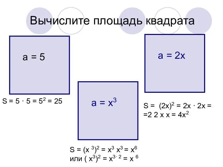 Вычислите площадь квадрата а = 5 а = 2х а