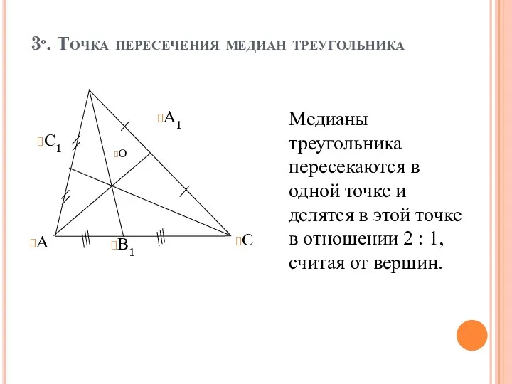 3º. Точка пересечения медиан треугольника Медианы треугольника пересекаются в одной