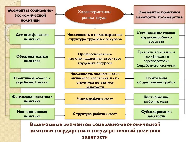 Взаимосвязи элементов социально-экономической политики государства и государственной политики занятости Характеристики