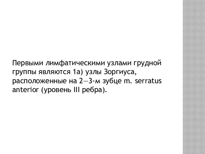 Первыми лимфатическими узлами грудной группы являются 1а) узлы Зоргиуса, расположенные