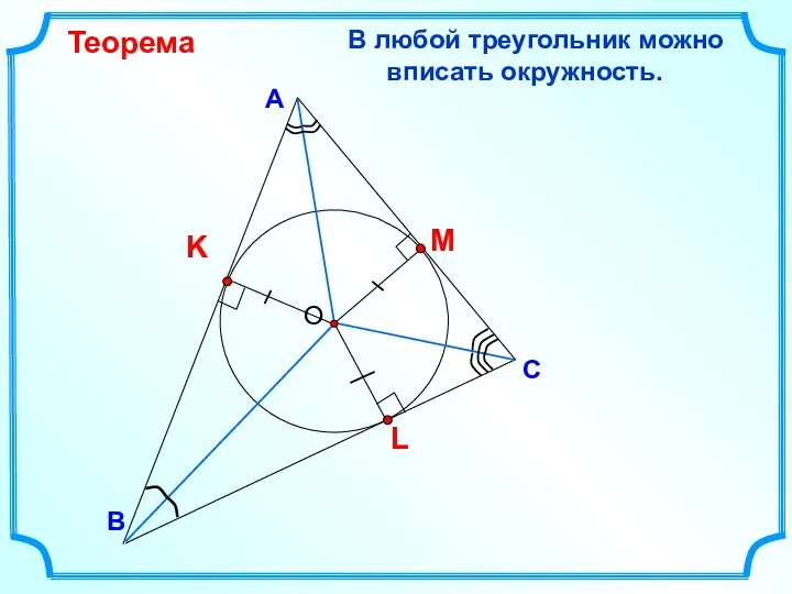 В С А В любой треугольник можно вписать окружность. Теорема