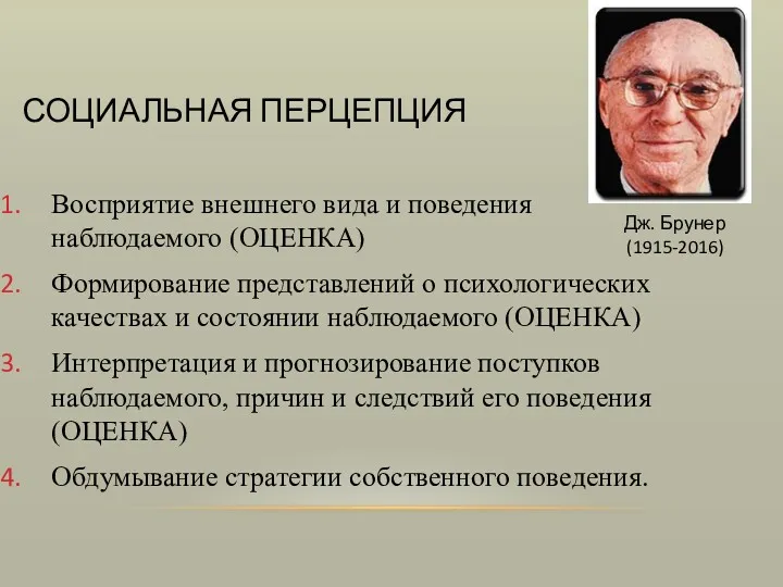 СОЦИАЛЬНАЯ ПЕРЦЕПЦИЯ Восприятие внешнего вида и поведения наблюдаемого (ОЦЕНКА) Формирование