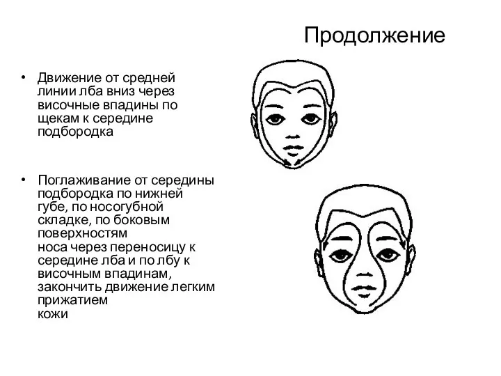 Продолжение Движение от средней линии лба вниз через височные впадины