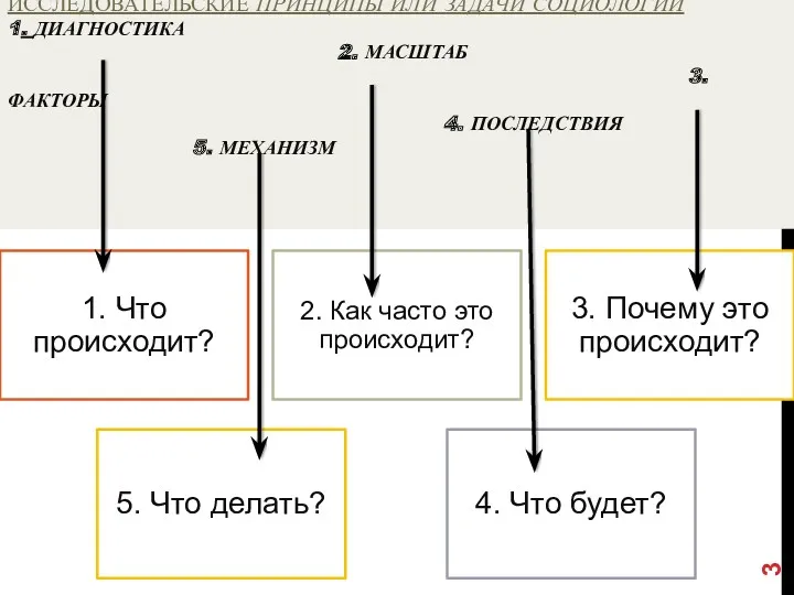 ИССЛЕДОВАТЕЛЬСКИЕ ПРИНЦИПЫ ИЛИ ЗАДАЧИ СОЦИОЛОГИИ 1. ДИАГНОСТИКА 2. МАСШТАБ 3. ФАКТОРЫ 4. ПОСЛЕДСТВИЯ 5. МЕХАНИЗМ