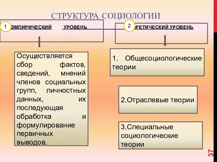 СТРУКТУРА СОЦИОЛОГИИ ЭМПИРИЧЕСКИЙ УРОВЕНЬ ТЕОРЕТИЧЕСКИЙ УРОВЕНЬ 1. Общесоциологические теории Осуществляется