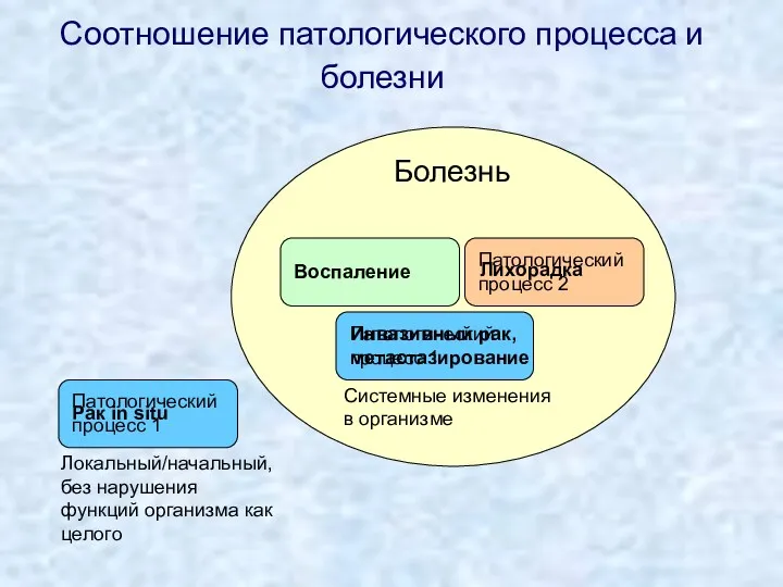 Болезнь Инвазивный рак, метастазирование Патологический процесс 2 Соотношение патологического процесса