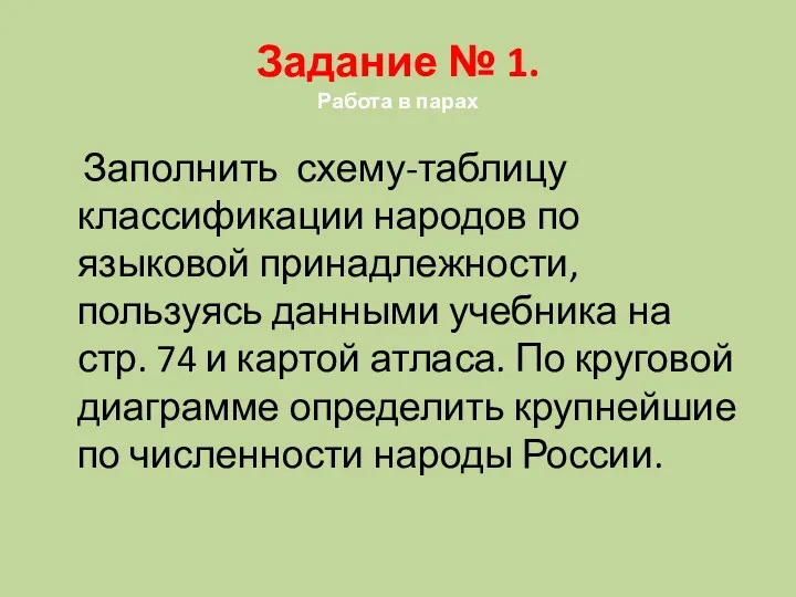 Задание № 1. Работа в парах Заполнить схему-таблицу классификации народов