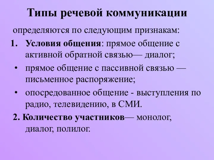 Типы речевой коммуникации определяются по следующим признакам: Условия общения: прямое