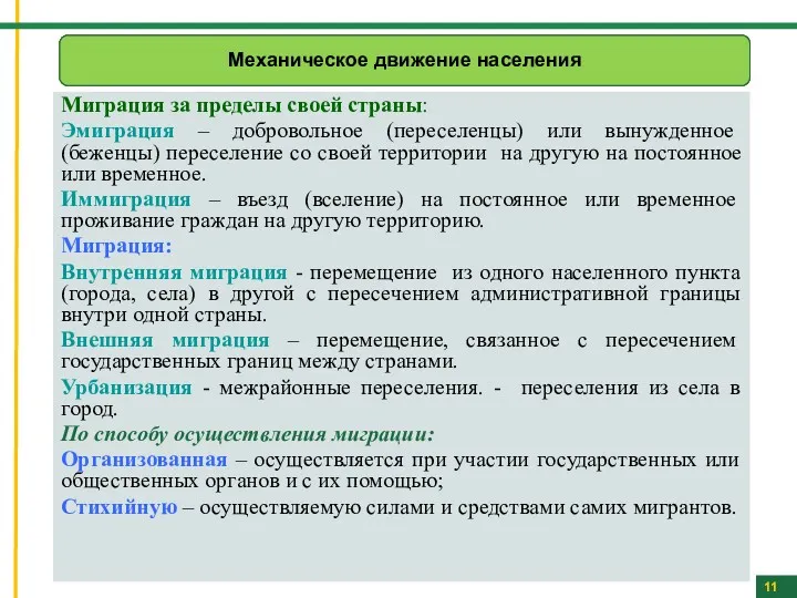 Миграция за пределы своей страны: Эмиграция – добровольное (переселенцы) или