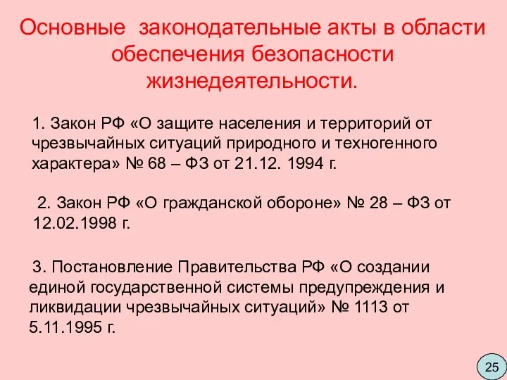 Основные законодательные акты в области обеспечения безопасности жизнедеятельности. 1. Закон