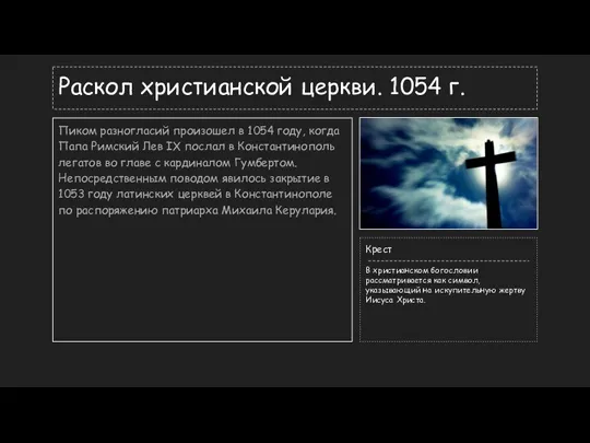 Раскол христианской церкви. 1054 г. Пиком разногласий произошел в 1054