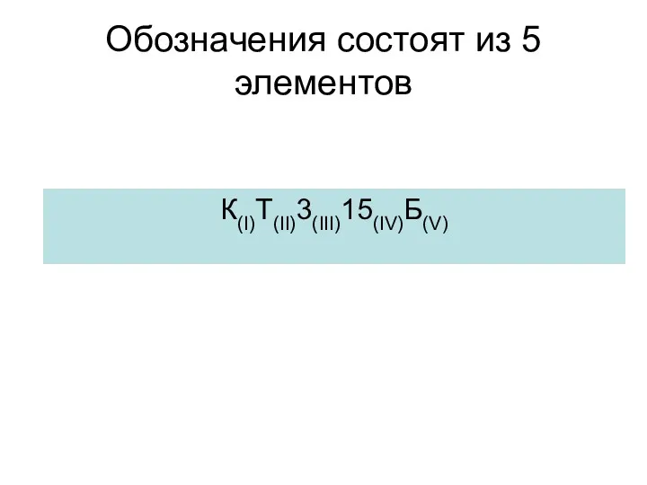 Обозначения состоят из 5 элементов К(I)Т(II)3(III)15(IV)Б(V)