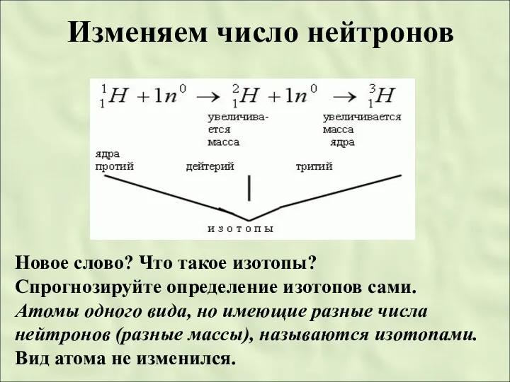 Изменяем число нейтронов Новое слово? Что такое изотопы? Спрогнозируйте определение