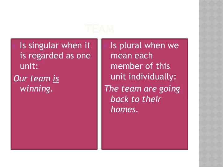 TEAM Is singular when it is regarded as one unit: Our team is