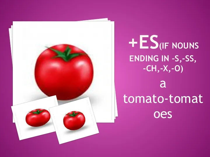 +ES(IF NOUNS ENDING IN –S,-SS, -CH,-X,-O) a tomato-tomatoes