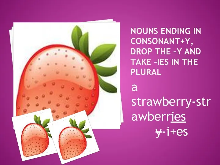 NOUNS ENDING IN CONSONANT+Y, DROP THE –Y AND TAKE –IES IN THE PLURAL a strawberry-strawberries y-i+es