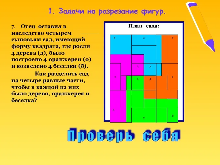 План сада: 7. Отец оставил в наследство четырем сыновьям сад,